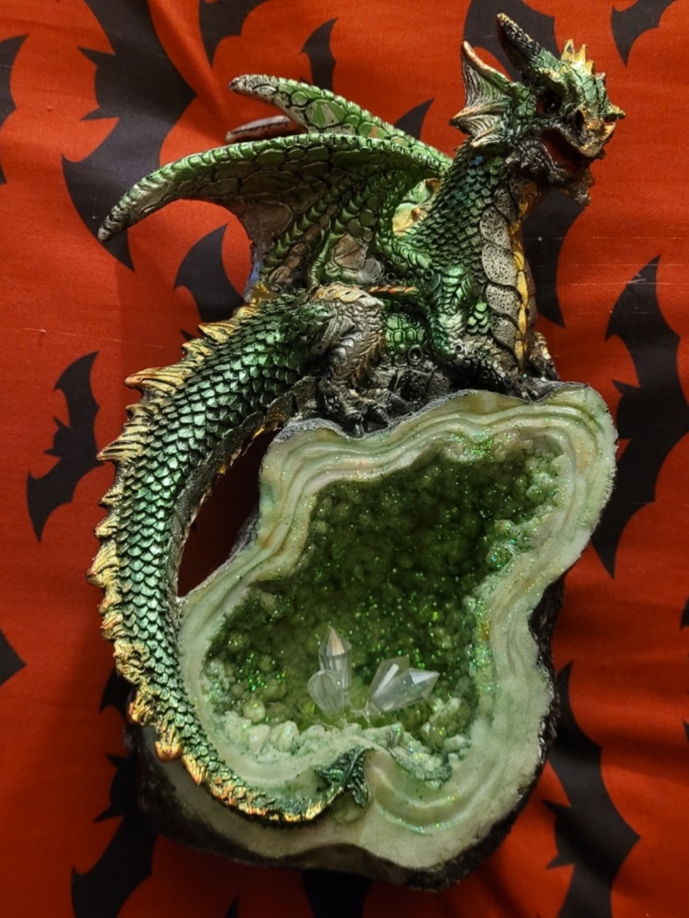 Green Crystal Dragon II Green Dragon on Faux Crystal Geode Statue 8.25" Resin